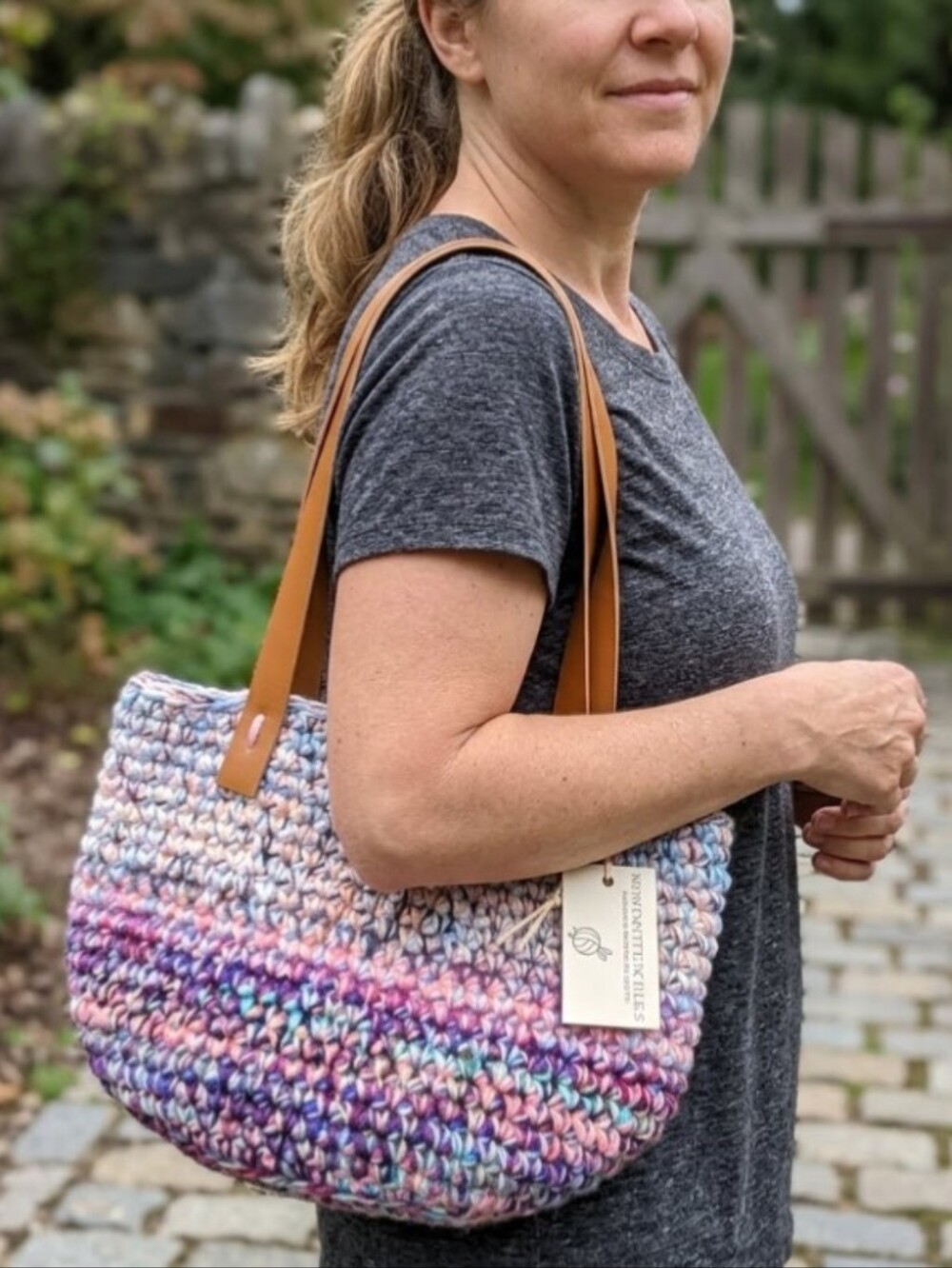 Handmade Crochet Multicolor Market Basket Tote Tan Faux Leather Straps